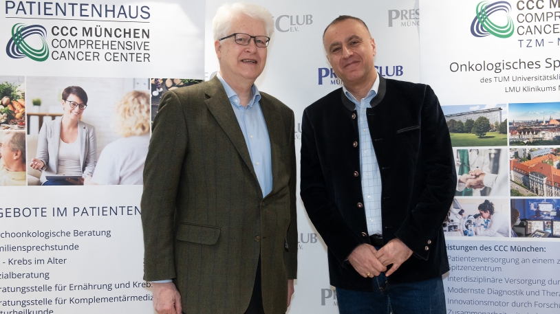 Prof. Dr. med. Volker Heinemann, Direktor des CCC MünchenLMU (li.) und Prof. Dr. med. Hana Algül, Direktor des CCC MünchenTUM bei der Pressekonferenz anlässlich des Weltkrebstages 2025 im Münchner PresseClub. Foto: Steffen Hartmann, LMU Klinikum