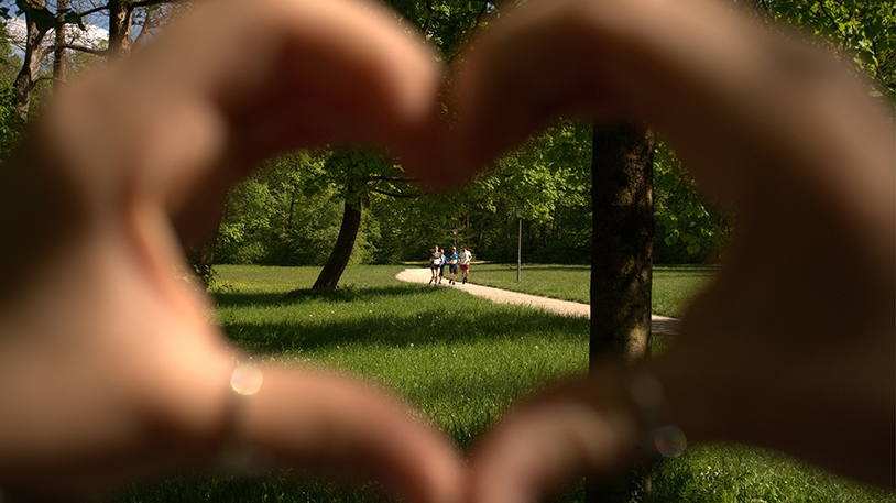 Zwei Hände, die ein Herz formen, darin zu sehen: vier Läufer des diesjährigen Organspendenlaufs im Englischen Garten in München – mit diesem Foto gewann Maximilian Hartl, 24, aus München den Sonderpreis des Wettbewerbs.